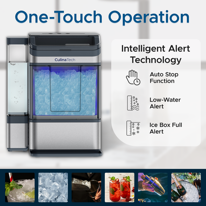 Silver ice maker labeled 