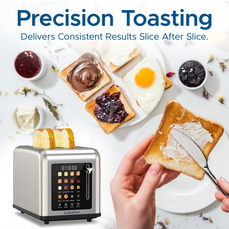 A person spreads cream on toasted bread. Three other slices with spreads are on a plate. A digital toaster with bread is in the foreground. Text promotes precision toasting.