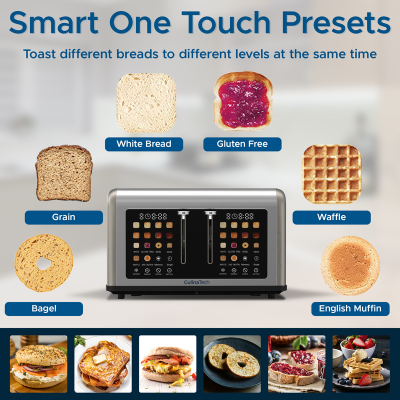 A toaster with labeled presets for white bread, gluten free, grain, waffle, bagel, and English muffin, with matching images of each bread type and food serving suggestions below.