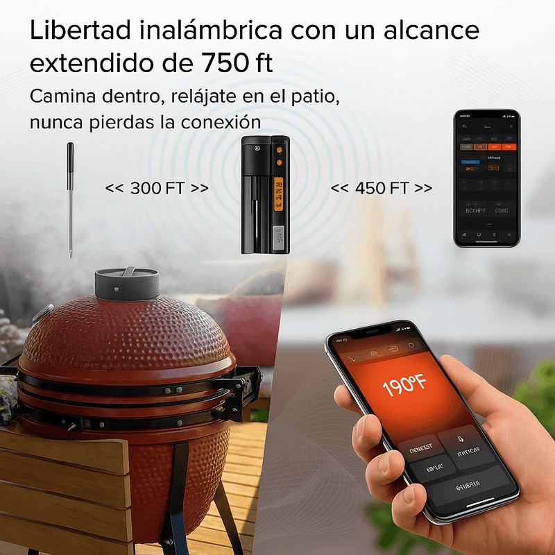 A wireless meat thermometer setup is shown, with smartphone app displays and icons indicating a wireless range of up to 750 feet across different devices and locations.