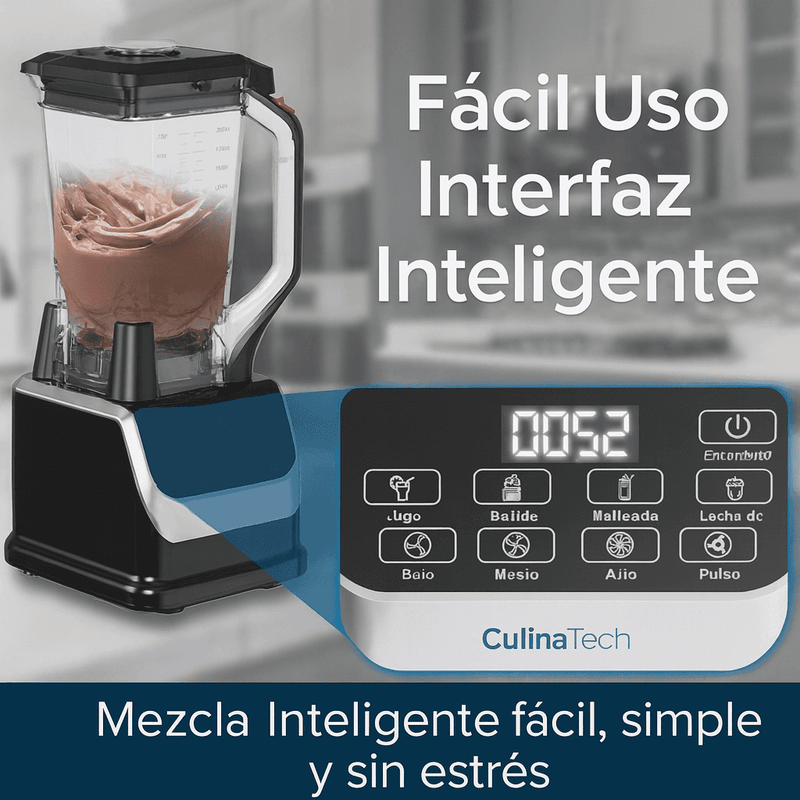 A blender with chocolate mixture inside is shown next to a close-up of its digital control panel displaying various blending options. Text in Spanish highlights its easy-to-use intelligent interface.
