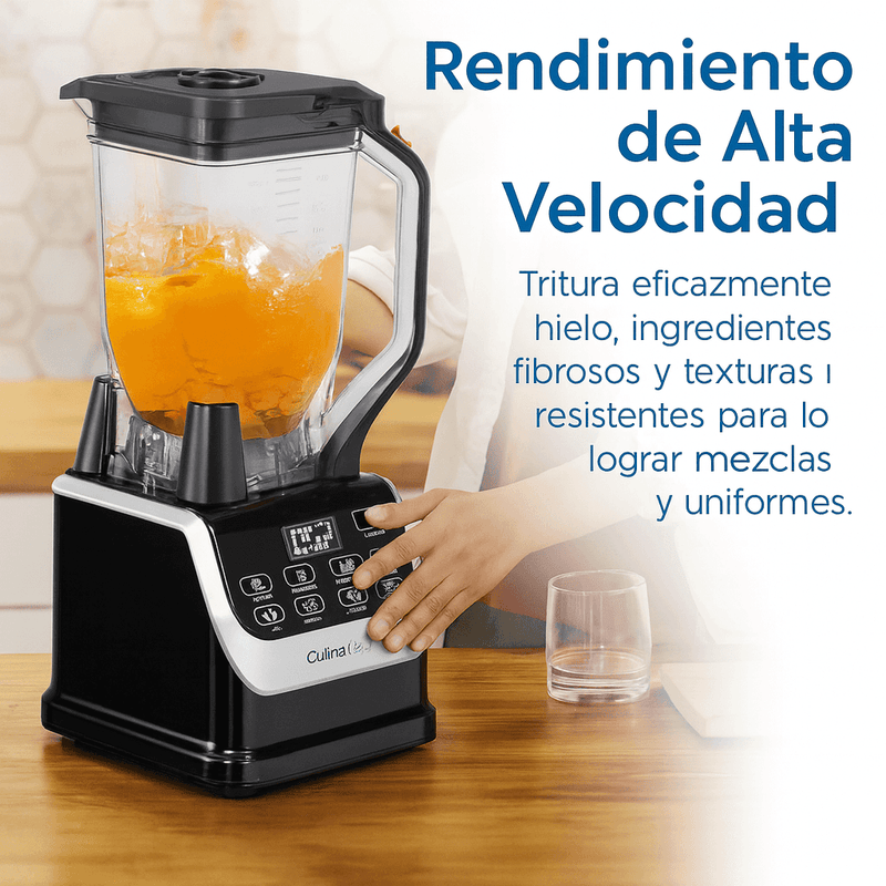 Person using a black and silver blender to mix orange ingredients on a kitchen counter, with text describing high-speed performance and effective blending capabilities.