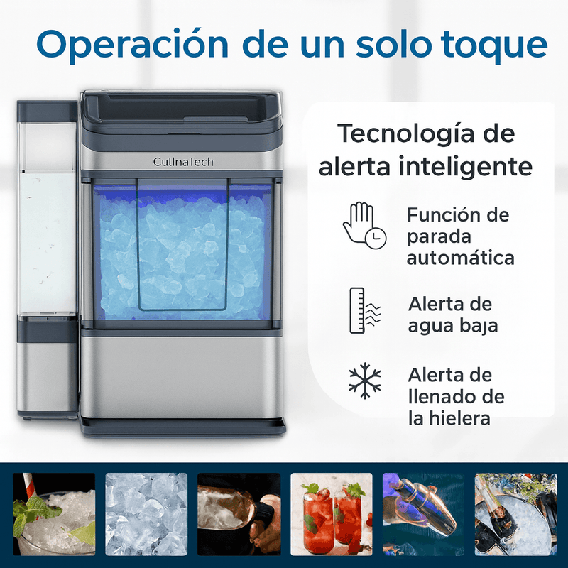 Countertop ice maker with touchscreen, showing full ice bin. Text highlights features: automatic stop, low water alert, and bin full alert. Bottom shows various drink and ice images.