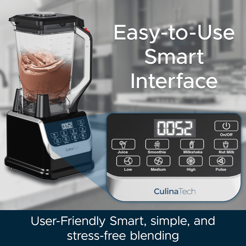 A CulinaTech blender with a digital display and buttons for juice, smoothie, milkshake, and nut milk. Text highlights its easy-to-use smart interface and user-friendly design.