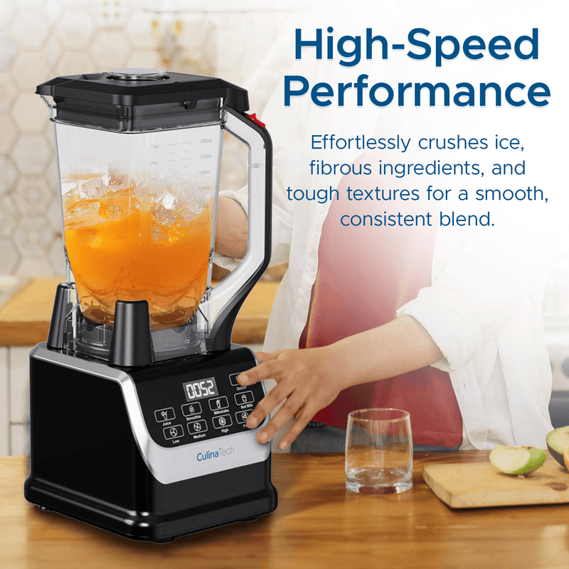 A person operates a black and silver blender with an orange mixture inside. The display shows settings, and text highlights the blender's high-speed performance and blending capabilities.