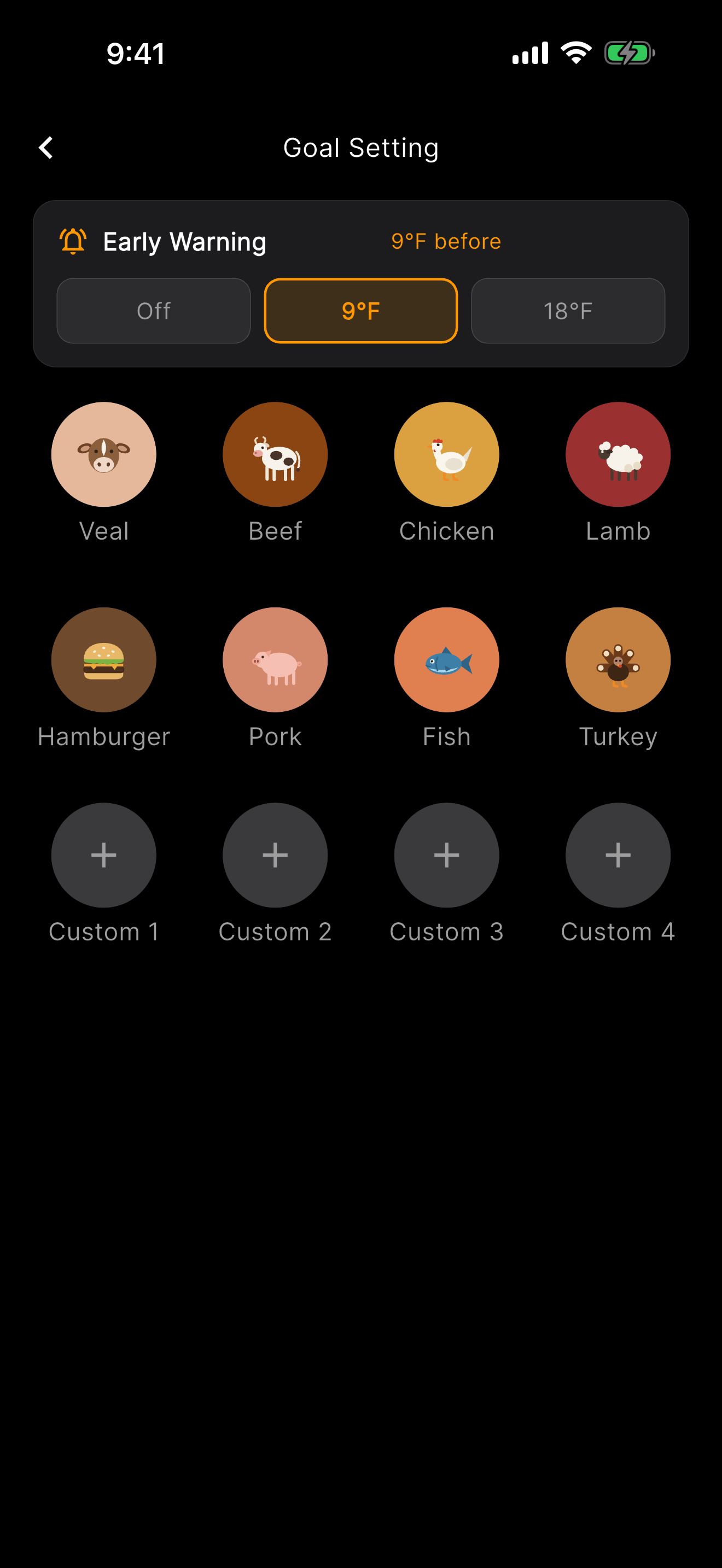 CulinaTech app Goal Setting screen with meat presets, custom targets and early-warning options