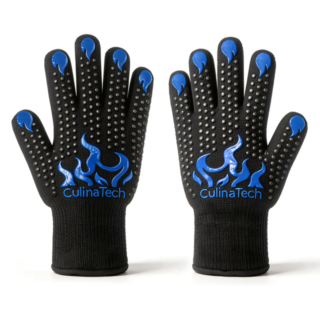 Pair of CulinaGrip gloves with blue silicone grip and extended cuffs